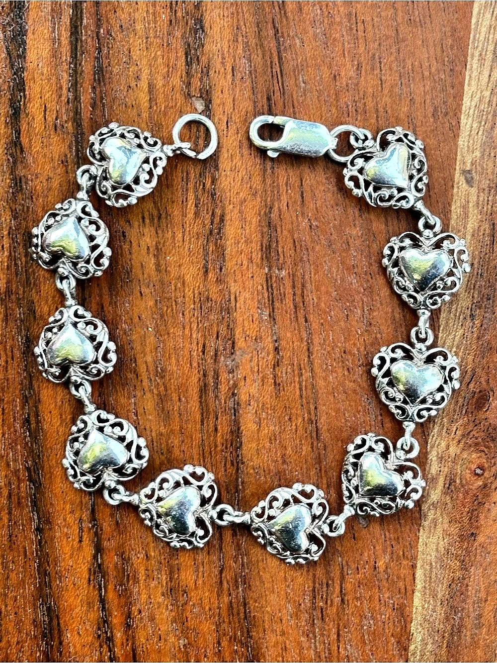 925 Sterling Silver Heart Bracelet 7.75” Ornate Scrollwork Link Romantic Jewelry